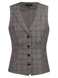 Damen Weste Glencheck Braun-Schwarz mit feinem blauem Karo, Reverskragen und 4-Knopfleiste